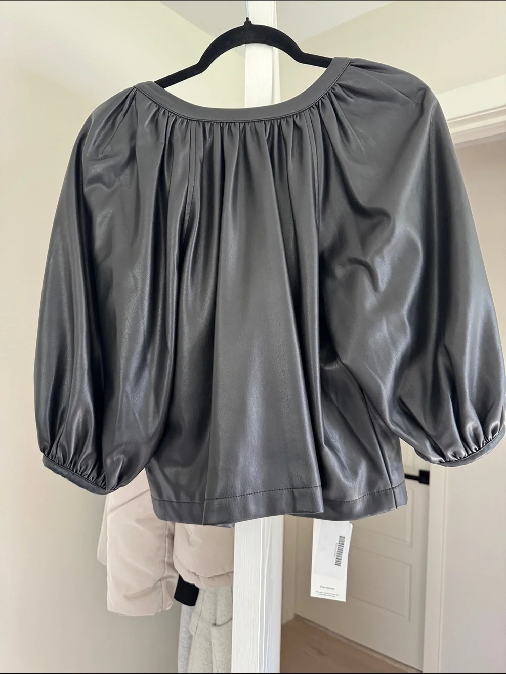 STAUD Black Faux Leather Puff-Sleeve Button Front Blouse